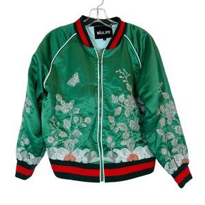 Green Satin Embroidered Bomber Jacket Floral Butterflies Small